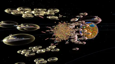 Hundreds of fighters dogfight between capital ships above a planet
