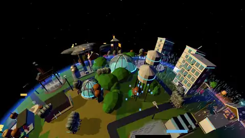 A town of domes, water towers and flats as the sun goes down; street lamps and windows light up